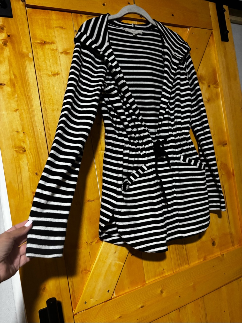 LOFT Striped Knit Hooded Cardigan Jacket Drawstring Waist‎ Black White XS